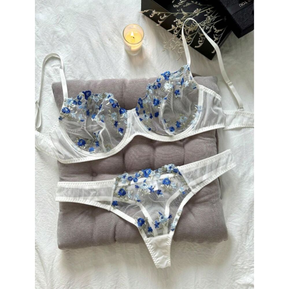 1X Plus Size White Sheer Floral Embroidery Mesh Underwire Bra Lingerie Set